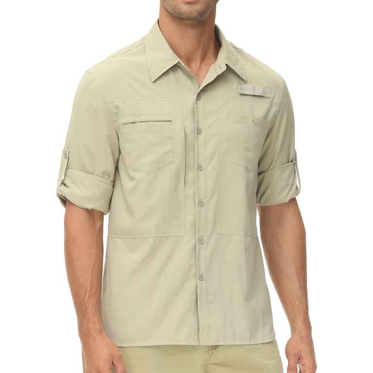 Pdbokew Men's Sun Protection Fishing Shirts Long Sleeve Travel Work Shirts  for Men UPF50+ Button Down Shirts with Zipper Pockets Khaki 2XL