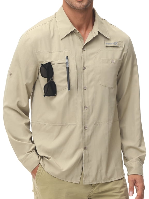 Pdbokew Men's Sun Protection Fishing Shirts Long Sleeve Travel Work Shirts for Men UPF50+ Button Down Shirts with Zipper Pockets Khaki L