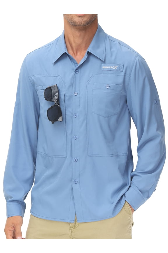 Men's Sun Protection Fishing Shirts Long Sleeve Travel Work Shirts for Men UPF50+ Button Down Shirts with Zipper Pockets Mist Blue 2XL