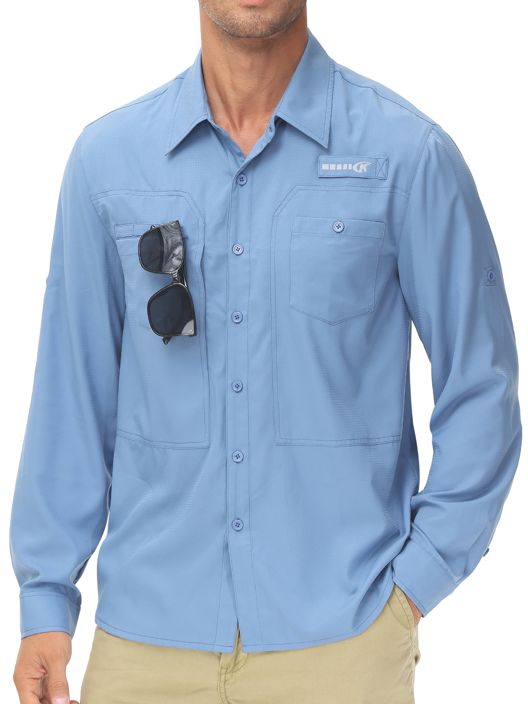 Pdbokew Men's Sun Protection Fishing Shirts Long Sleeve Travel Work Shirts  for Men UPF50+ Button Down Shirts with Zipper Pockets Mist Blue M