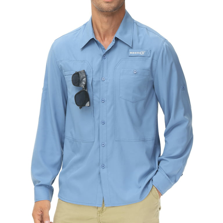 Men's UPF 50+ Sun Protection Fishing Shirts Long Sleeve Lightweight Hiking Travel Work Button Down Shirt Zipper Pocket
