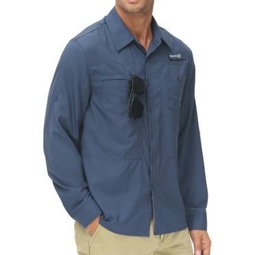 Pdbokew Men's Sun Protection Fishing Shirts Long Sleeve Travel Work Shirts for Men UPF50  Button Down Shirts with Zipper Pockets Navy L