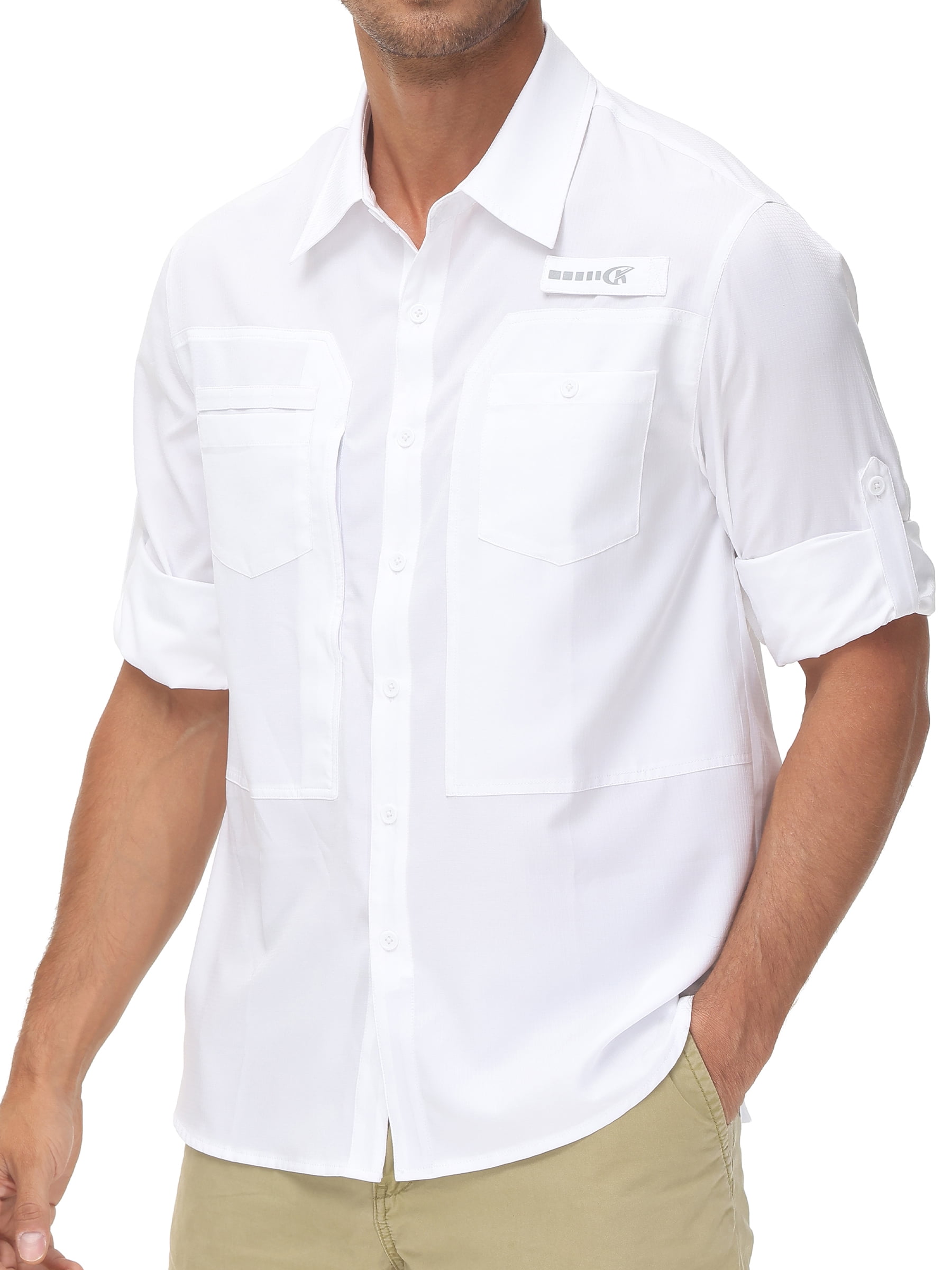 Pdbokew Men's Sun Protection Fishing Shirts Long Sleeve Travel Work Shirts  for Men UPF50+ Button Down Shirts with Zipper Pockets White M