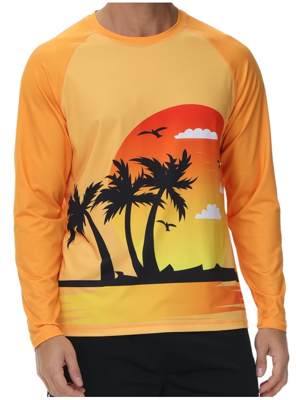 Men's Swim Shirt UPF 50+ UV Sun Protection Quick Dry Rash Ruard Shirts Long Sleeve Surf Shirt Fishing Beach T-Shirt Coconut Trees M