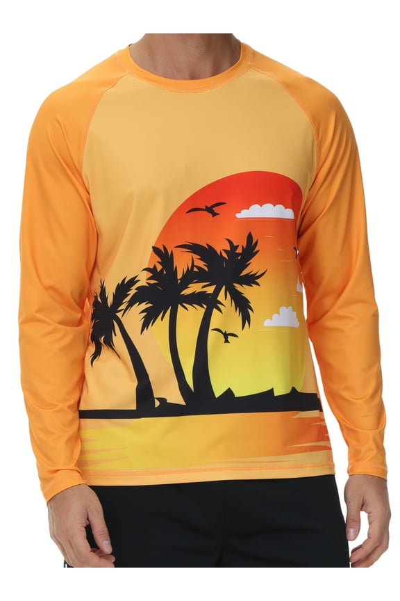 Men's Swim Shirt UPF 50+ UV Sun Protection Quick Dry Rash Ruard Shirts Long Sleeve Surf Shirt Fishing Beach T-Shirt Coconut Trees M
