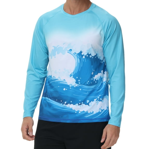 Weilanxin Men's Swim Shirt UPF 50+ UV Sun Protection Quick Dry Rash Ruard Shirts Long Sleeve Surf Shirt Fishing Beach T-Shirt Sea Wave 2XL
