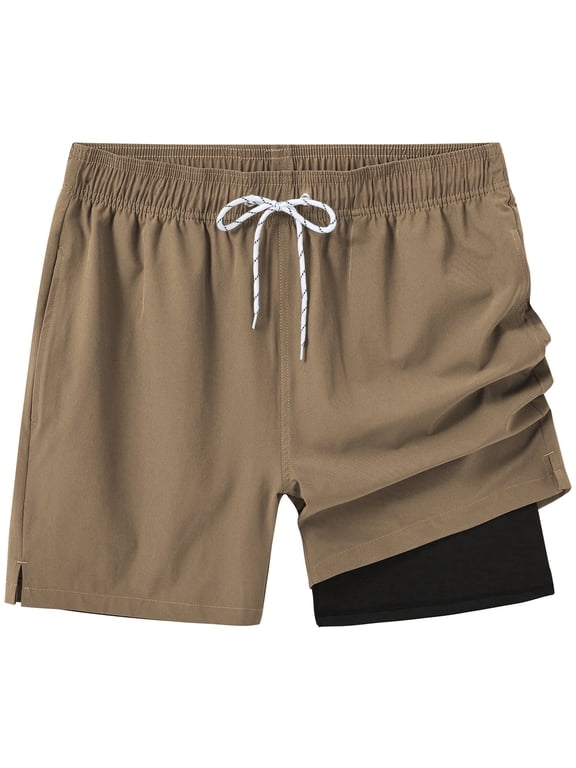 Mens Swim Trunks Quick Dry Swim Shorts with Lining Beach Shorts With Zipper Pockets Khaki -36