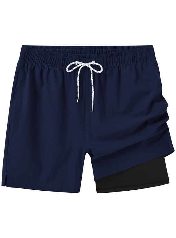 Men's Swim Trunks Running Shorts with Lining 2-in-1 Quick-Dry Beach Shorts With Zippered Pockets Navy -32