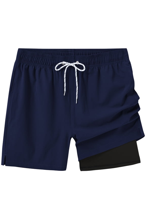 Men's Swim Trunks Running Shorts with Lining 2-in-1 Quick-Dry Beach Shorts With Zippered Pockets Navy -36