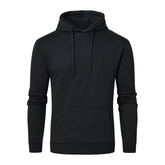 Pdbokew Men's Pullover Hoodie Check Jacquard Kangaroo Pockets Color-Block Design Long-Sleeve Drawstring Casual Hooded Sweatshirt Black L