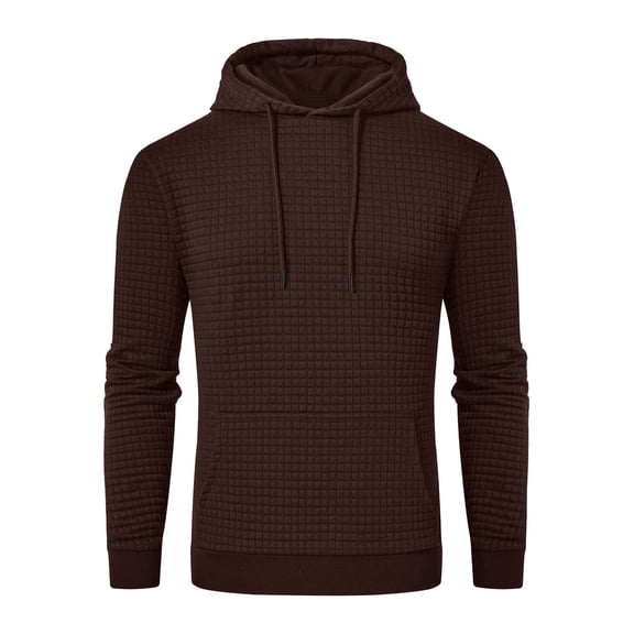 Pdbokew Men's Pullover Hoodie Check Jacquard Kangaroo Pockets Color-Block Design Long-Sleeve Drawstring Casual Hooded Sweatshirt Coffee 2XL