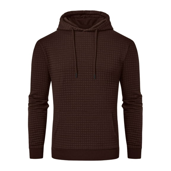 Pdbokew Men's Pullover Hoodie Check Jacquard Kangaroo Pockets Color-Block Design Long-Sleeve Drawstring Casual Hooded Sweatshirt Coffee L