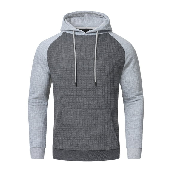 Pdbokew Men's Pullover Hoodie Check Jacquard Kangaroo Pockets Color-Block Design Long-Sleeve Drawstring Casual Hooded Sweatshirt Darkgrey/Lightgrey M
