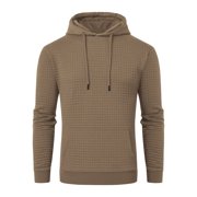 Pdbokew Mens Pullover Hoodie Check Jacquard Kangaroo Pockets Color-Block Design Long-Sleeve Drawstring Casual Hooded Sweatshirt Khaki 2XL