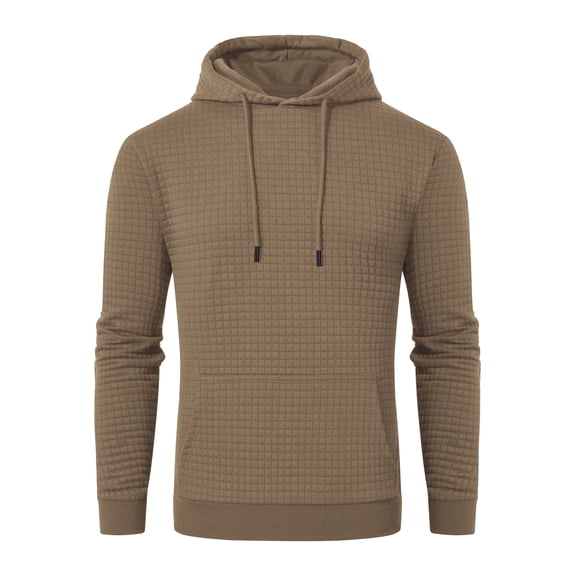 Pdbokew Men's Pullover Hoodie Check Jacquard Kangaroo Pockets Color-Block Design Long-Sleeve Drawstring Casual Hooded Sweatshirt Khaki L