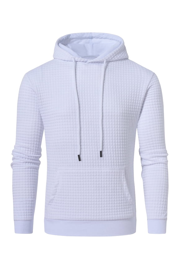 Men's Pullover Hoodie Check Jacquard Kangaroo Pockets Color-Block Design Long-Sleeve Drawstring Casual Hooded Sweatshirt White 2XL