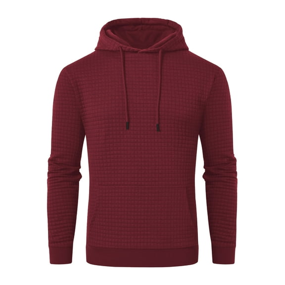 Pdbokew Men's Pullover Hoodie Check Jacquard Kangaroo Pockets Color-Block Design Long-Sleeve Drawstring Casual Hooded Sweatshirt Winered 2XL
