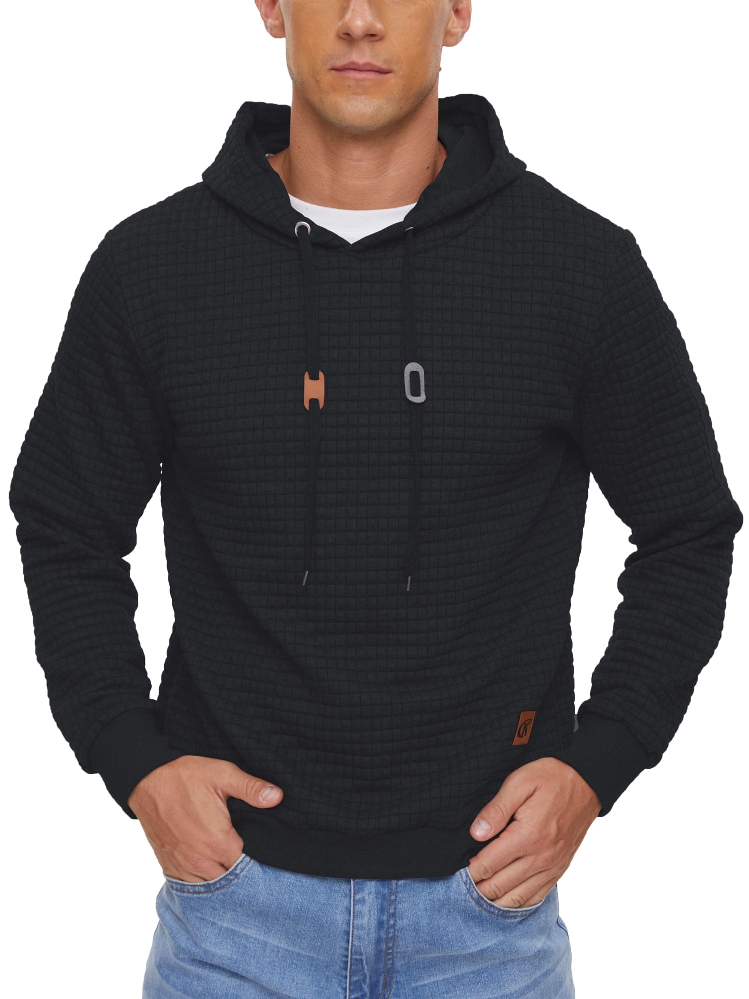 WEILANXIN Store Pdbokew Mens Hooded Sweatshirt Casual Long Sleeve Drawstring Waffle Knit Pullover Hoodies Black L