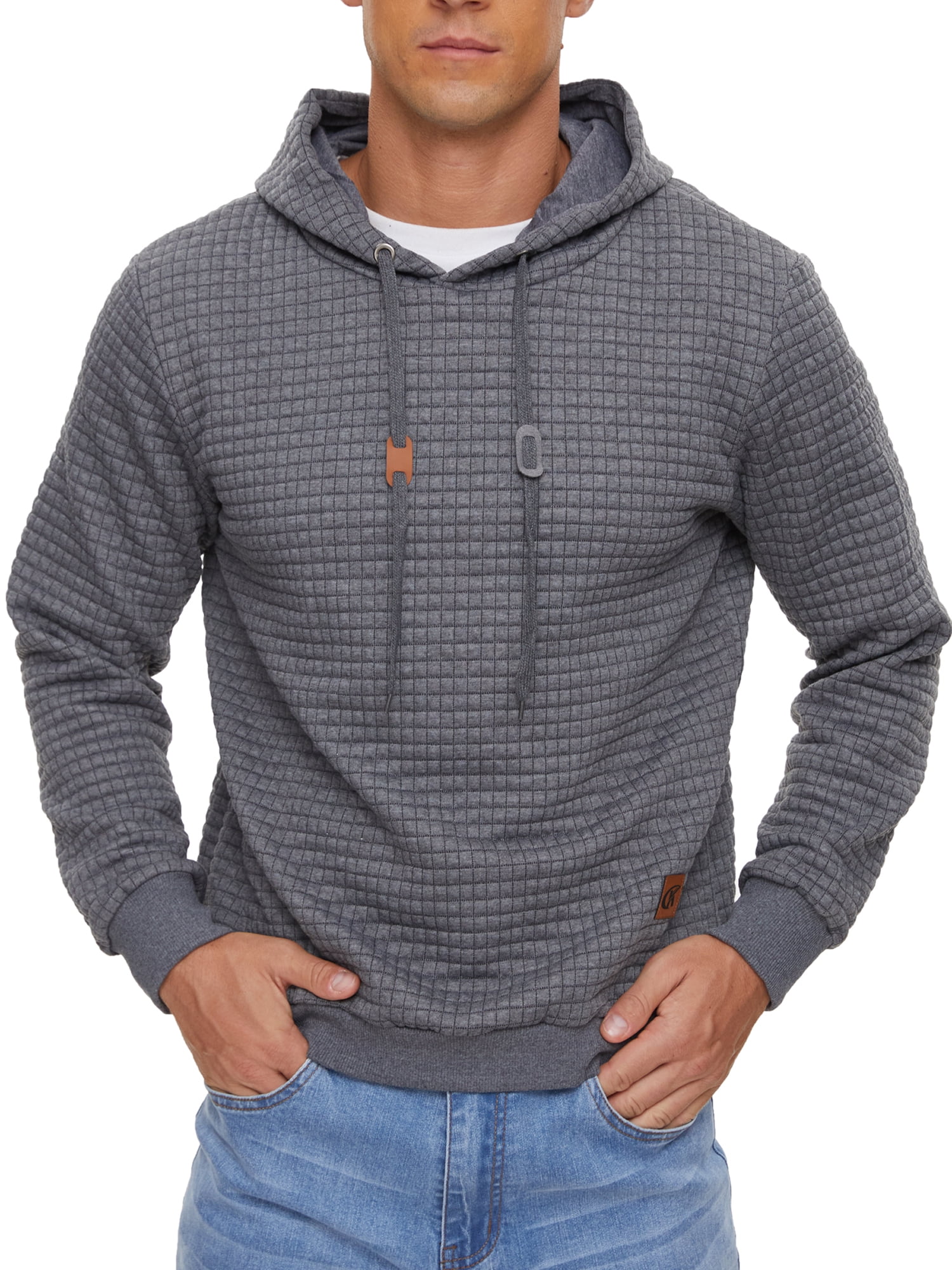 Mens Hooded Sweatshirt Casual Long Sleeve Drawstring Waffle Knit Pullover Hoodies Deepgrey XL