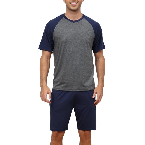 Pdbokew Mens Pajamas Set Lightweight Summer Pjs Sleepwear Soft Comfy Short Sleeve Loungewear Dark Gray with Navy Blue XL