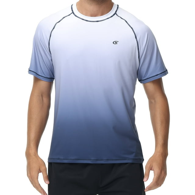 Pdbokew Swim Shirts Short Sleeve for Men Quick Dry Running UPF50+ Sun Protection Rash Guard Top White Gradient Navy XL