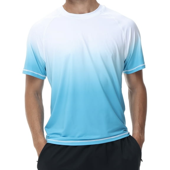 Weilanxin Swim Shirts Short Sleeve for Men Quick Dry Running UPF50  Sun Protection Rash Guard Top White Gradient Sky Blue L