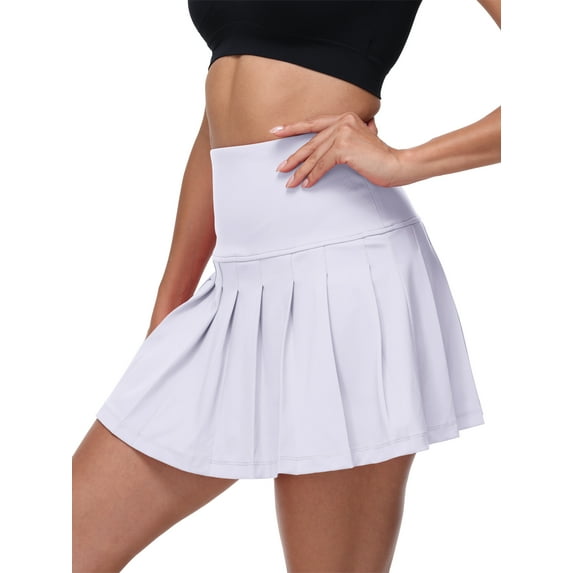 Pdbokew Women's Pleated Tennis Skirt Golf Skirt Athletic High-Waisted Belted Pocket Lined Shorts Fitness White L