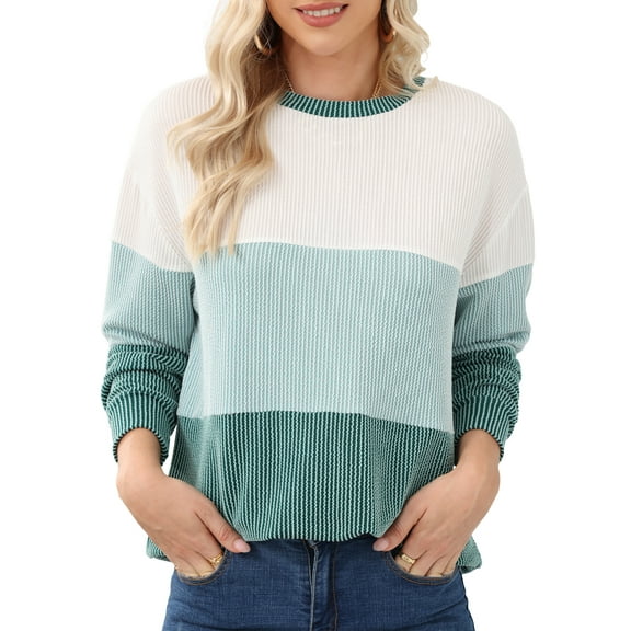 Pdbokew Womens 2025 Fall Winter Sweaters Casual Long Sleeve Ribbed Knit Crew Neck Lightweight Pullover Green L