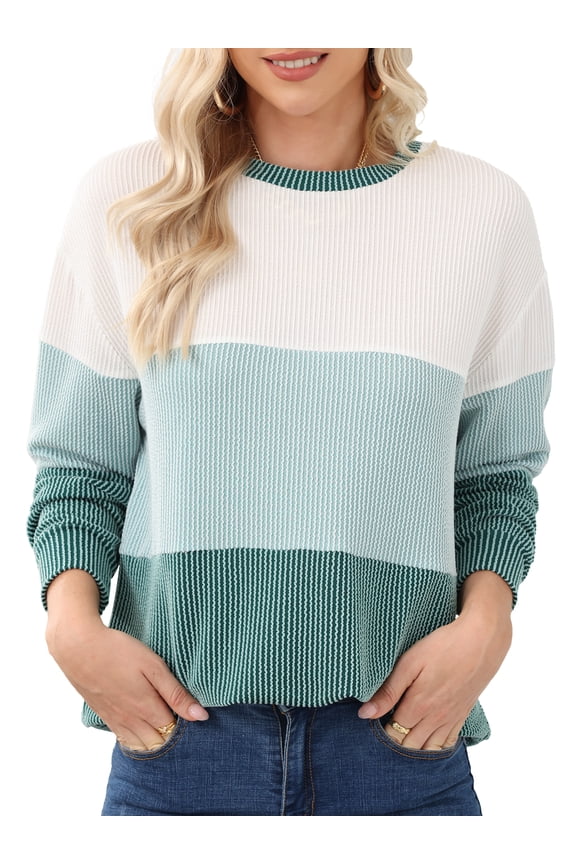 Womens 2025 Fall Winter Sweaters Casual Long Sleeve Ribbed Knit Crew Neck Lightweight Pullover Green M