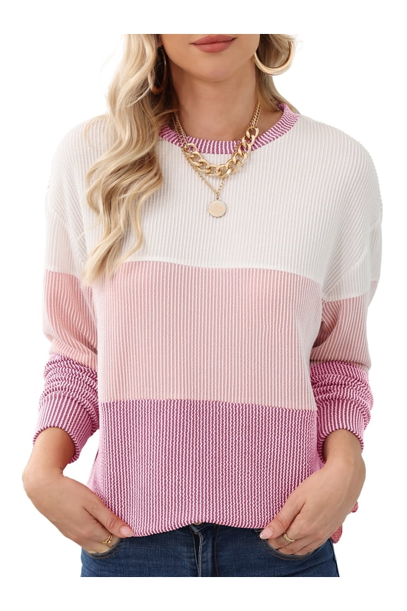 Womens 2025 Fall Winter Sweaters Casual Long Sleeve Ribbed Knit Crew Neck Lightweight Pullover Pink 2XL