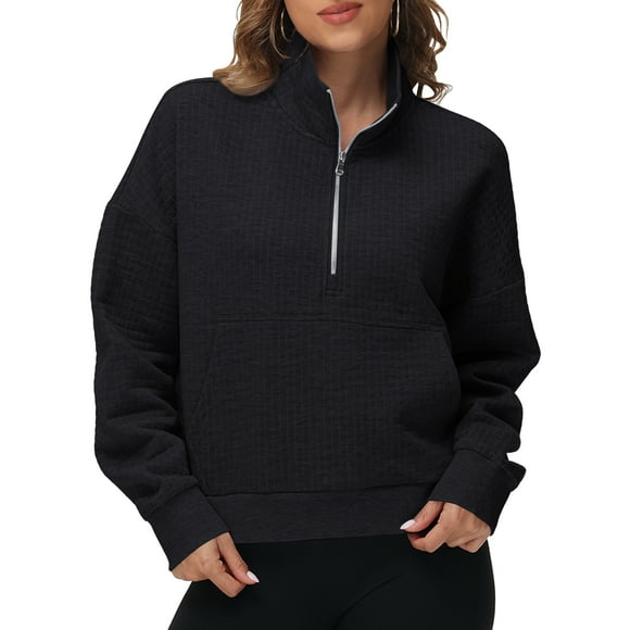 Women's Waffle-Knit Hoodie Top with 1/2 Zip for Casual Wear Autumn Sweatshirt Black L