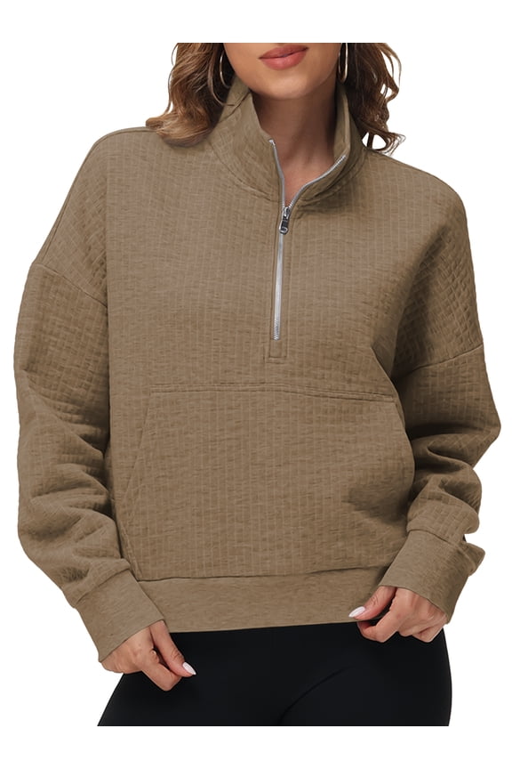 Women's Waffle-Knit Hoodie Top with 1/2 Zip for Casual Wear Autumn Sweatshirt Khaki M