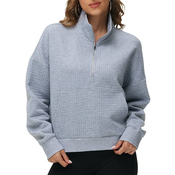 Pdbokew Women's Waffle-Knit Hoodie Top with 1/2 Zip for Casual Wear Autumn Sweatshirt Lightgray L