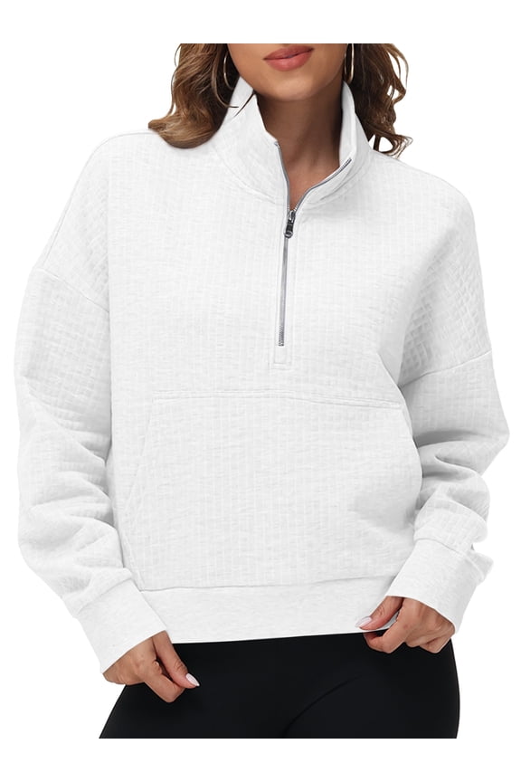 Women's Waffle-Knit Hoodie Top with 1/2 Zip for Casual Wear Autumn Sweatshirt White M
