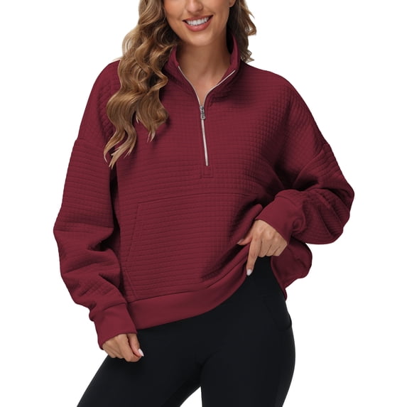 Pdbokew Women's Waffle-Knit Hoodie Top with 1/2 Zip for Casual Wear Autumn Sweatshirt Winered M