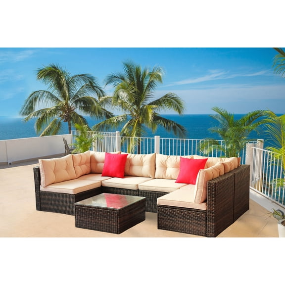 Pe Patio , Sectional Garden Furniture With Tempered Glass Table, Cushions And Adjustable Seating Arrangements For Outdoor Living Area Positionings Comfort
