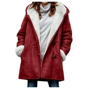WYCNLY Pea Coat for Women Winter Usmixi Padded Fleece Overcoat for Women Warm Thickened Soft Plush Lined Hooded Coat Casual Solid Horn Button Outwear Jacket with Pocket Jacket Holiday