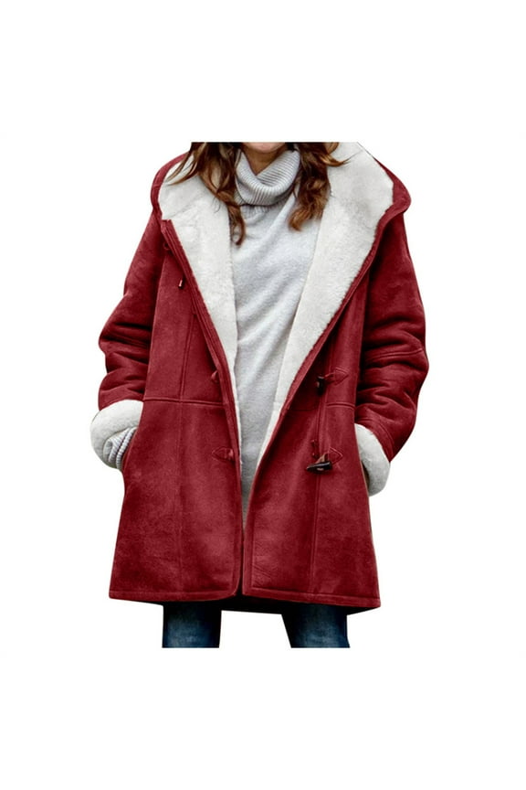 Pea Coat for Women Winter Usmixi Padded Fleece Overcoat for Women Warm Thickened Soft Plush Lined Hooded Coat Casual Solid Horn Button Outwear Jacket with Pocket Jacket Holiday