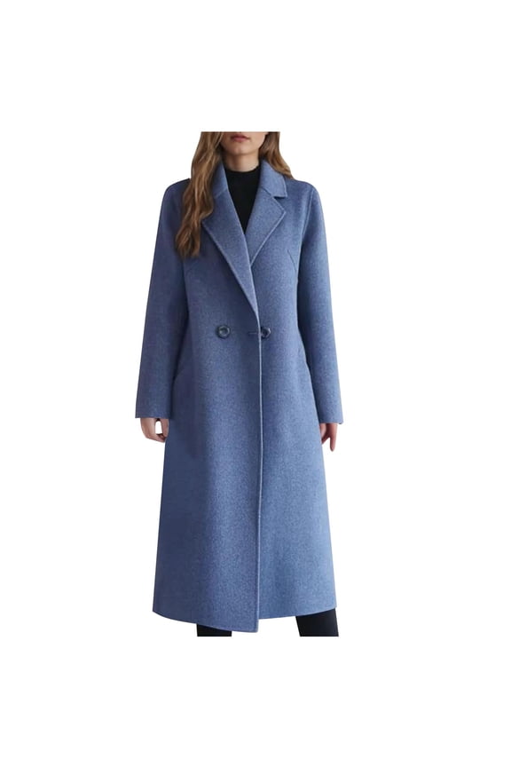 Pea Coat for Women Full Sleeve Solid Button Lapel Collar Mid Length Jacket with Pockets Blue XS