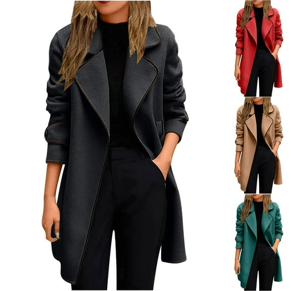 Pea Coats Jackets for Plus Size Women Elegant Notchet Collar Regular Wool Blend Overcoat Coat Belt Winter Warm Long Windbreaker Coat Trench Coats for Women Plus Size Christmas Coats for Women