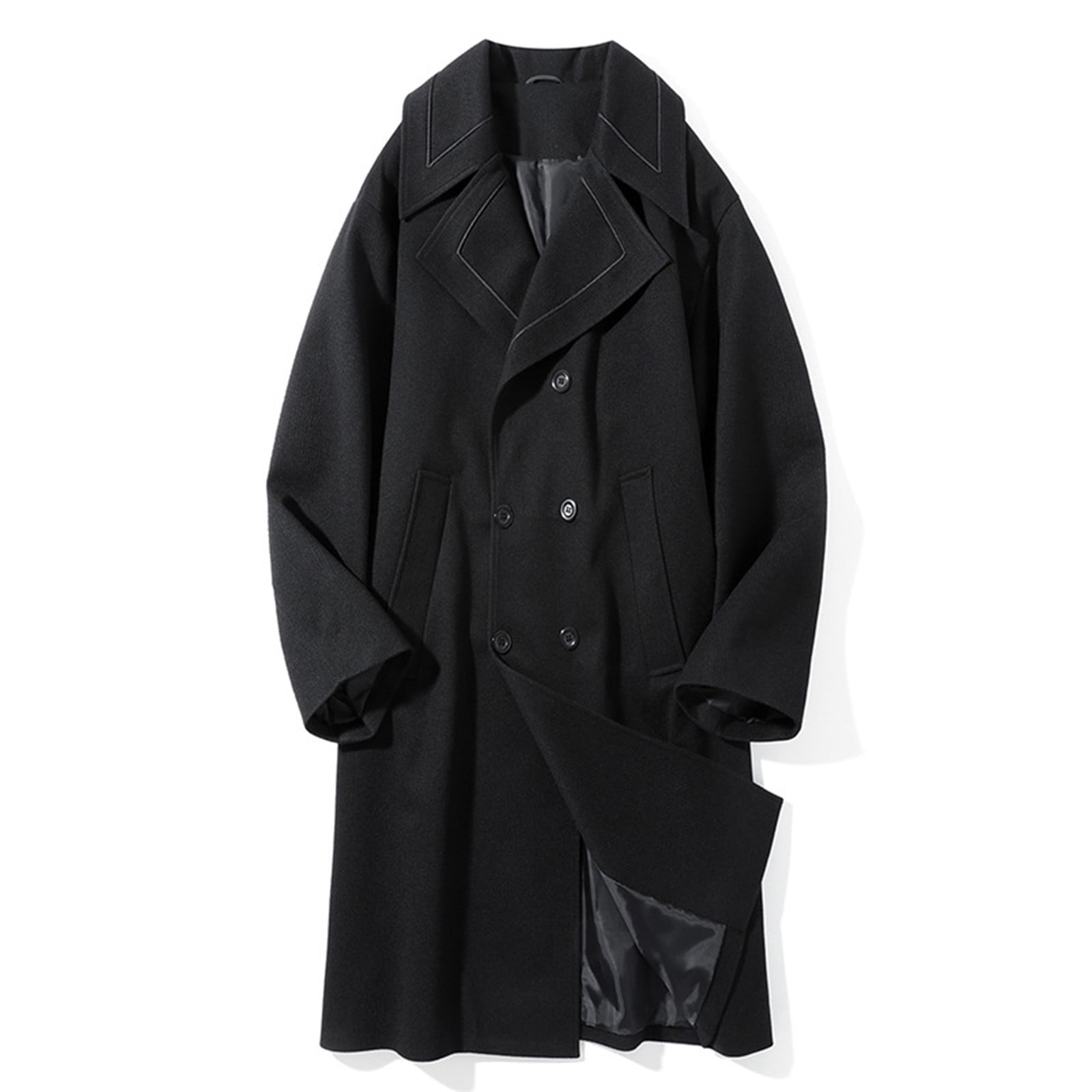 Pea Coats for Men Long Trench Coat Wool Blend Notched Collar Double ...