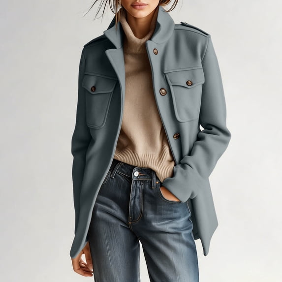 Pea Coats for Women Cropped Wool Jackets Winter Single Breasted Trench Coat Gray XL