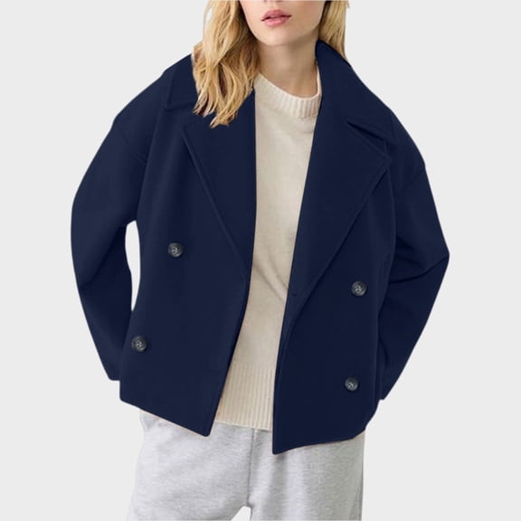 Pea Coats for Women Double Breasted Short Cropped Wool Blend Notched Stand Collar Womens Trench Jacket