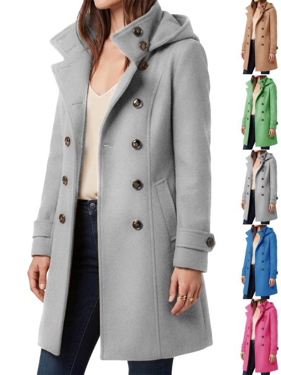 Pea Coats for Women Hooded Long Sleeve Double Breasted Midi Elegant Casual Work Everyday Commute Fall Winter Woolen Coats
