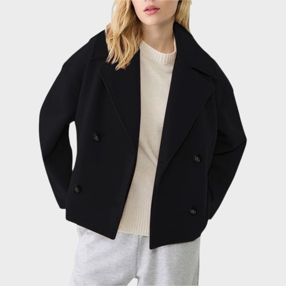Pea Coats for Women Short Cropped Trench Overcoat Wool Blend Double Breasted Notched Stand Collar Jacket