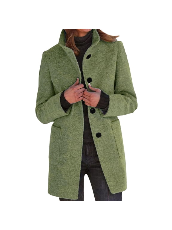 Pea Coats for Women Winter Peacoat Jacket Casual Stand Collar Single Breasted Pea Coat Long Sleeve Jackets Army Green XL