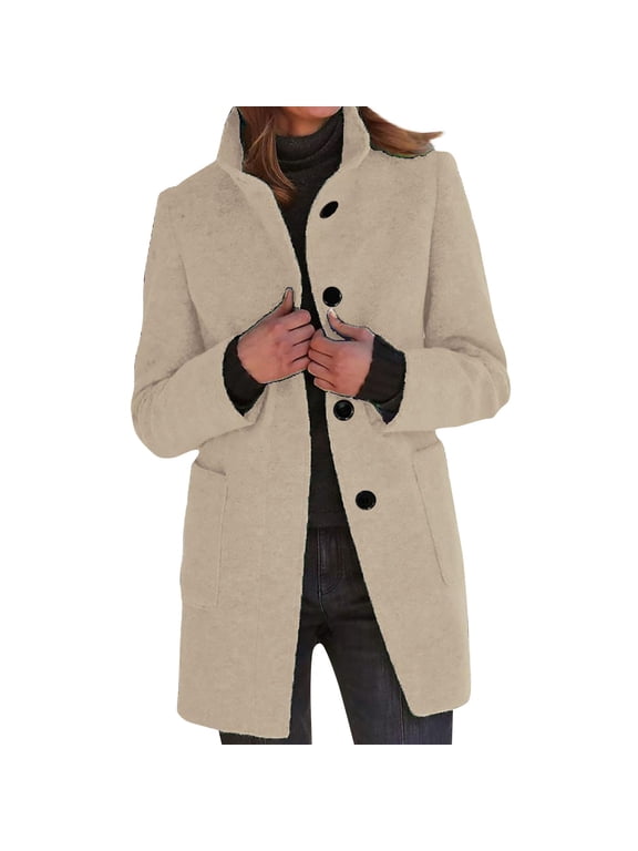 Pea Coats for Women Winter Peacoat Jacket Casual Stand Collar Single Breasted Pea Coat Long Sleeve Jackets Beige S