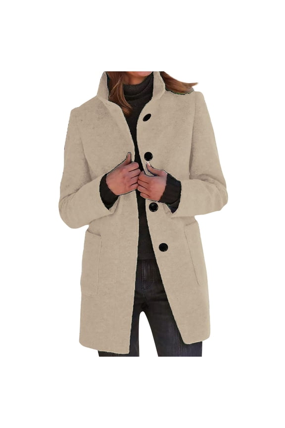 Pea Coats for Women Winter Peacoat Jacket Casual Stand Collar Single Breasted Pea Coat Long Sleeve Jackets Beige S