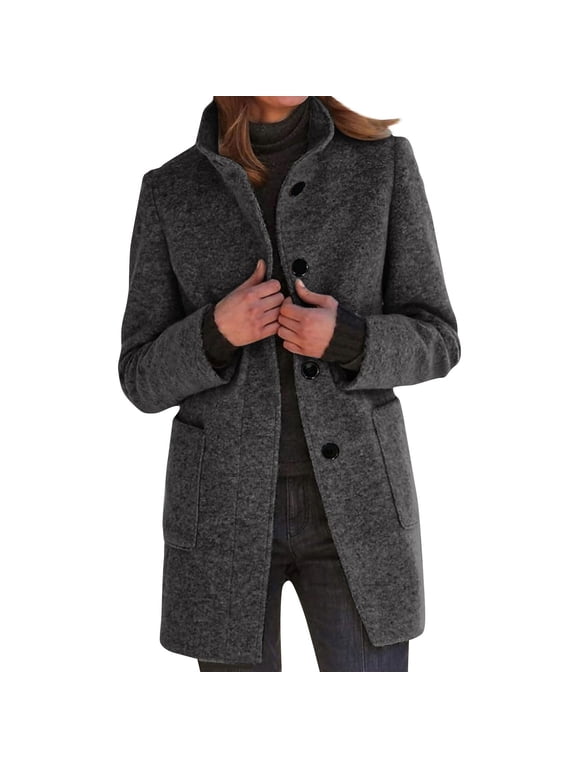 Pea Coats for Women Winter Peacoat Jacket Casual Stand Collar Single Breasted Pea Coat Long Sleeve Jackets Black L