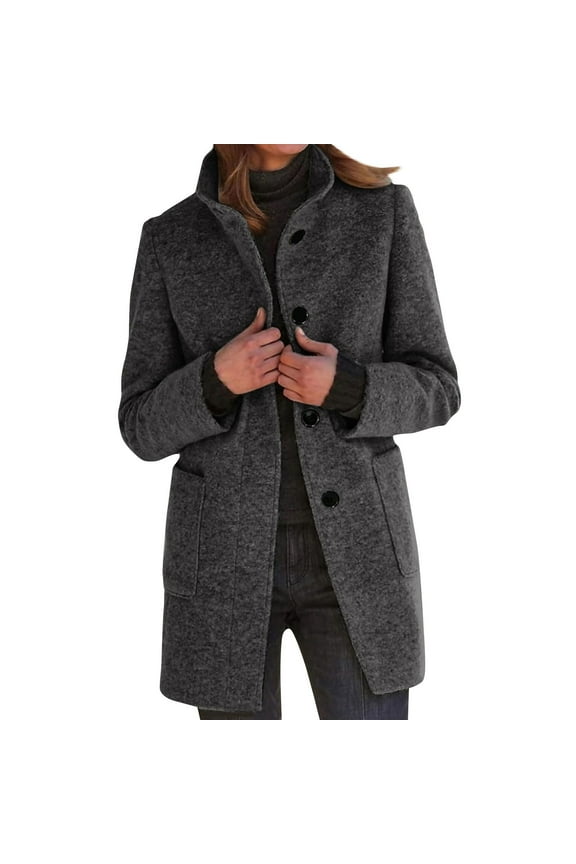 Pea Coats for Women Winter Peacoat Jacket Casual Stand Collar Single Breasted Pea Coat Long Sleeve Jackets Black L